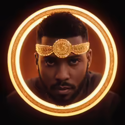 a young black man wearing a crown and gold head ring