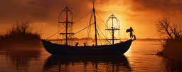 a boat is sitting on the lake at sunset,a large boat floating on top of a river
