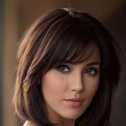 a close up shot of a woman with an angled bob with dark brown hair