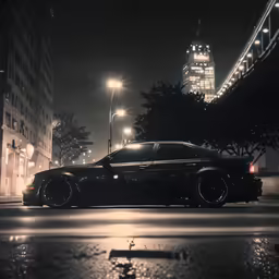 a car is on the street with city lights in the background