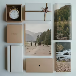 three small photos are shown next to a clock
