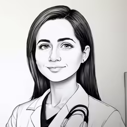 a black and white drawing of a woman in a lab coat