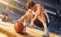 a basketball player crouches on the ground in an arena