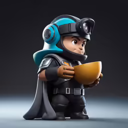 a toy with helmet on and holding a plate