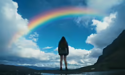 a woman looking at a rainbow that is above her head