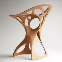 an unusual wooden sculpture on a gray background