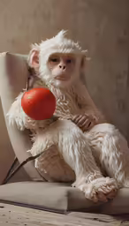 a monkey holds a ball with its claws