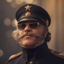 a man in a uniform with glasses and a mustache