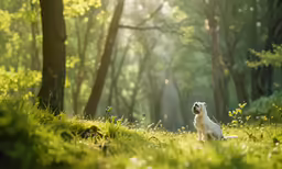 an adorable white dog sitting in the sun in a green forest