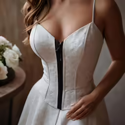 a woman in a white wedding gown with black zipper