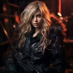 a woman with long hair wearing black clothing,a woman with a gun stands in a room