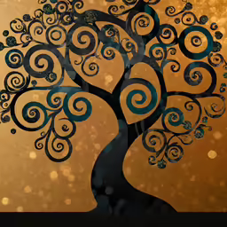 a large art piece depicting an ornate tree with spiral designs