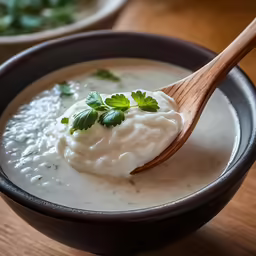 a wooden spoon with some yogurt in it