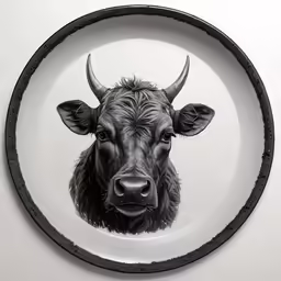 a plate with a drawing of a cow in it