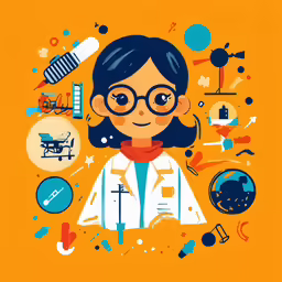 the science girl poster in orange with an illustration of a woman holding a microscope, a microscope