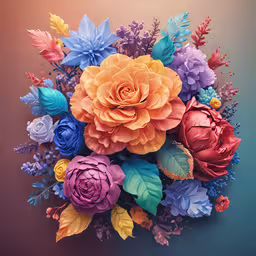 an abstract floral arrangement with leaves and flowers,a bouquet of paper flowers on a green surface