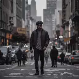 man in grey jacket and hat crossing street at city intersection