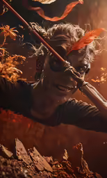a woman with paint and a flag looks at the camera