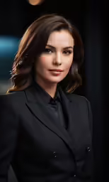 the woman is in a black suit posing for a photo