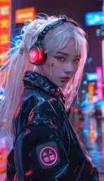a woman with headphones on in the city,a character from cyber girl looks down at the camera