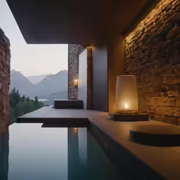 large outdoor spa setting with candle lit light
