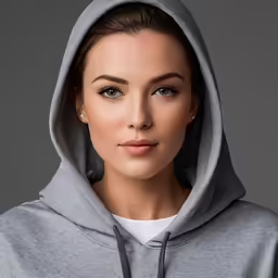 a woman in a gray hoodie poses for a picture