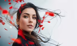 the woman with the flower petals on her head is looking forward