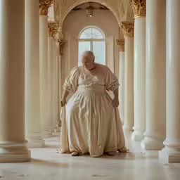 a man in a white dress sits on pillars