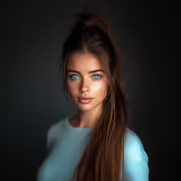 a beautiful woman with blue eyes poses for a photo,an attractive woman with long brown hair, in blue shirt