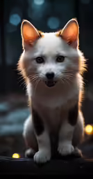 a white and black dog is sitting with bright lights on the ground
