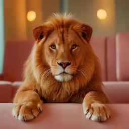 a large brown lion sitting on top of a pink couch