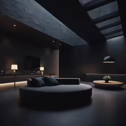 modern black living room with round sofa, round coffee table and plant