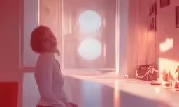 a little girl standing near a wall in her room