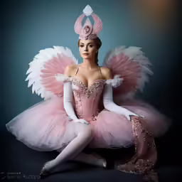 a ballerina in pink sits with her feet crossed, while wearing a crown