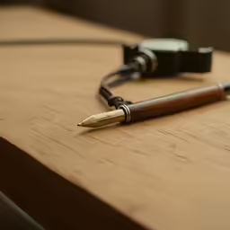 a pen with two other pens are laying on top of the table
