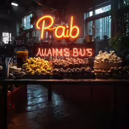 a restaurant table topped with assorted food