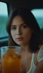 woman in car holding a beverage looking ahead