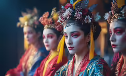 three women with artistic head coverings and makeup on