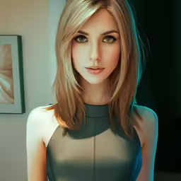 woman in grey dress with shoulder cut by art work