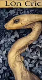 a large snake sitting on top of a pile of leafs