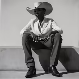 a man sitting against a cement wall wearing a hat and tie