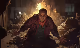 an old man sitting on a pile of rubble while staring at something