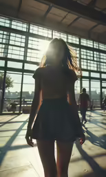 the back of a woman walking through a train station