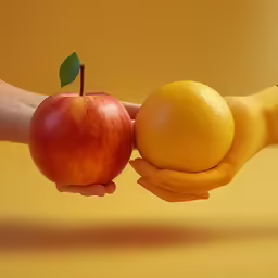 an apple and orange being held by two hands