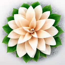 a paper flower that has some green leaves on top