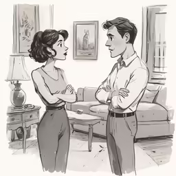 a woman is talking to a man in a living room