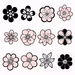 a collection of flower designs including pink and black flowers,some black and white flowers with different colors