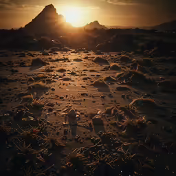 the sun is setting over a mountain in the desert