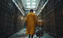 a person in a yellow trenchcoat carrying a suitcase