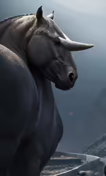 an animal with horns standing near rocks